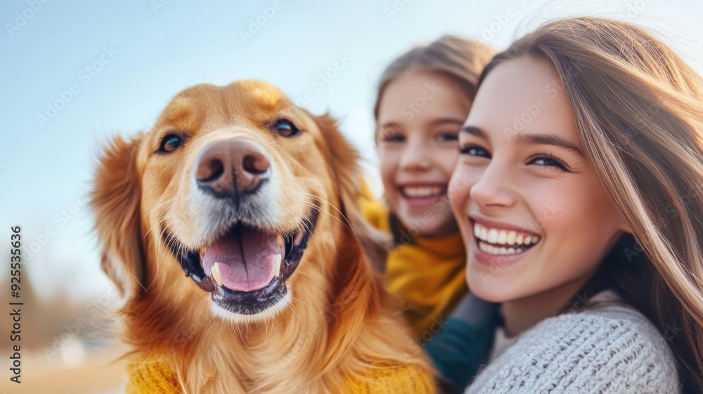 A joyful mother and daughter, along with their happy dog, smile together outdoors, reflecting love, family bonding, and the warmth of spending quality time with pets. A joyful mother and daughter, along with their happy dog, smile together outdoors, reflecting love, family bonding, and the warmth of spending quality time with pets.
