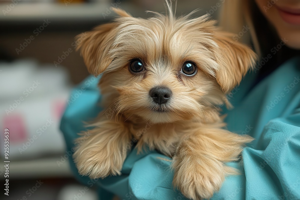compassionate veterinarian examining fluffy puppy warm lighting clinic setting gentle touch conveyed focus on connection between human and animal compassionate veterinarian examining fluffy puppy warm lighting clinic setting gentle touch conveyed focus on connection between human and animal