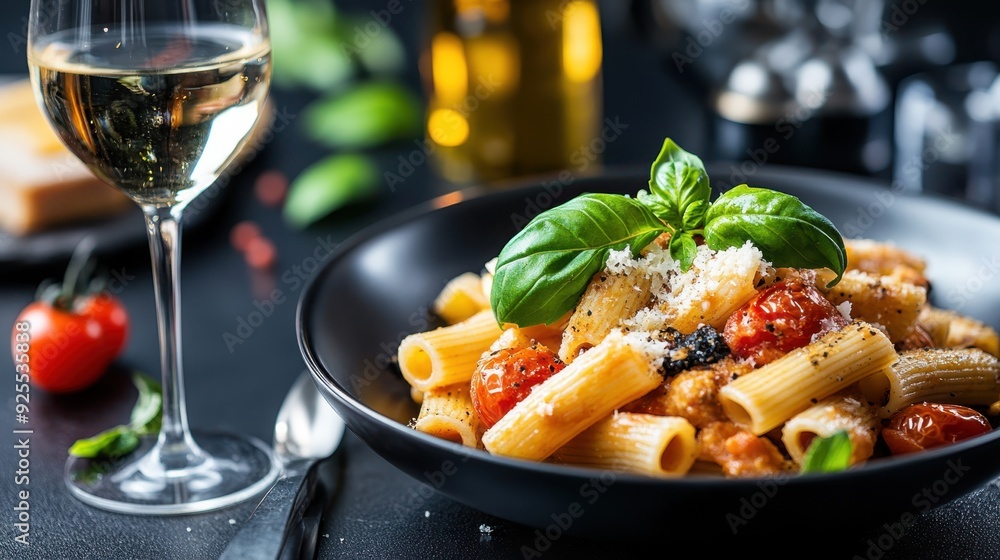 A bowl of steaming rigatoni pasta garnished with fresh basil, cherry tomatoes, and grated cheese, paired with a glass of white wine, ready to be savored. A bowl of steaming rigatoni pasta garnished with fresh basil, cherry tomatoes, and grated cheese, paired with a glass of white wine, ready to be savored.