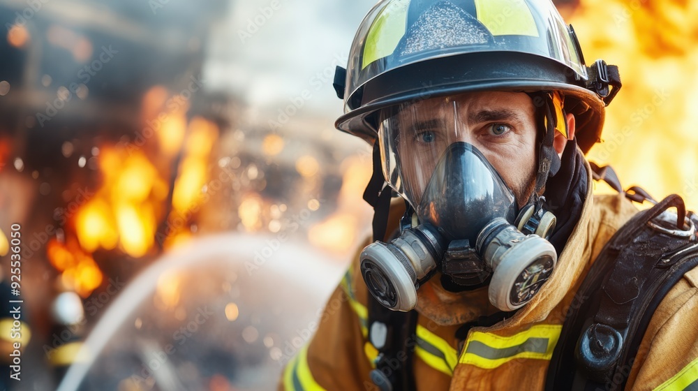 A firefighter is captured amid roaring flames, wearing full protective gear including a helmet with a mask, showcasing the intensity and bravery required in the profession. A firefighter is captured amid roaring flames, wearing full protective gear including a helmet with a mask, showcasing the intensity and bravery required in the profession.