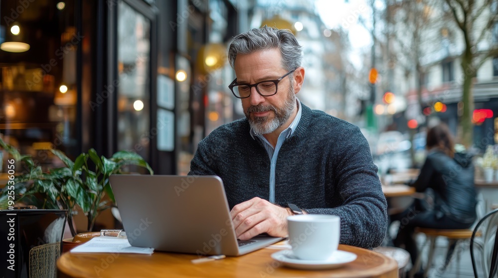 A mature man with glasses is focusing on his laptop in an outdoor café, enjoying a coffee as he works, representing a modern, productive, and relaxed work environment. A mature man with glasses is focusing on his laptop in an outdoor café, enjoying a coffee as he works, representing a modern, productive, and relaxed work environment.