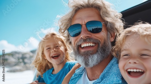 An elder man with a grey beard and two happy kids enjoy their vacation at the beach, smiling and relaxed under a clear, bright blue sky and sandy surroundings.