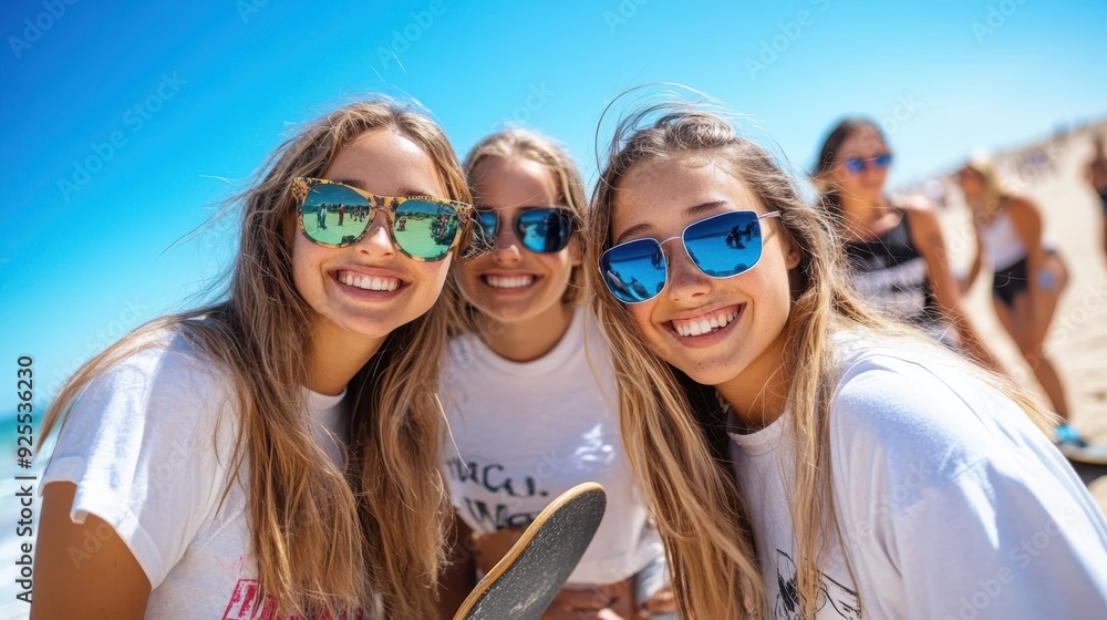 Three friends pose with their skateboards at a sunny beach, all wearing colorful sunglasses and white t-shirts, sharing a joyous moment of summer friendship and leisure. Three friends pose with their skateboards at a sunny beach, all wearing colorful sunglasses and white t-shirts, sharing a joyous moment of summer friendship and leisure.