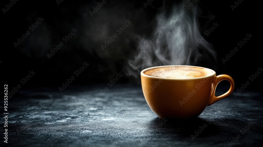 A steaming cup of coffee sits on a dark surface, releasing aromatic vapors that promise warmth and comfort in the early morning light A steaming cup of coffee sits on a dark surface, releasing aromatic vapors that promise warmth and comfort in the early morning light