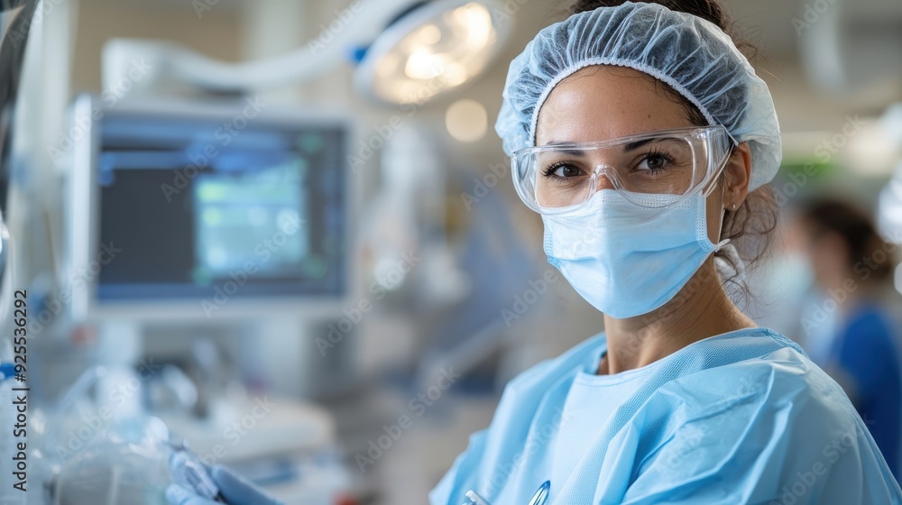 A nurse wearing a surgical mask, hair net, and protective glasses stands in an operating room, with medical equipment and monitors around her. She looks directly at the camera. A nurse wearing a surgical mask, hair net, and protective glasses stands in an operating room, with medical equipment and monitors around her. She looks directly at the camera.