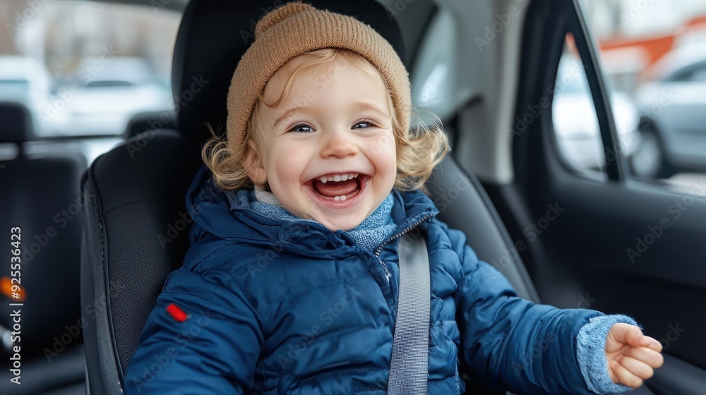 A cheerful toddler, dressed in winter clothes including a beanie and a jacket, sits securely in a car seat. The child is smiling widely, radiating joy and warmth. A cheerful toddler, dressed in winter clothes including a beanie and a jacket, sits securely in a car seat. The child is smiling widely, radiating joy and warmth.