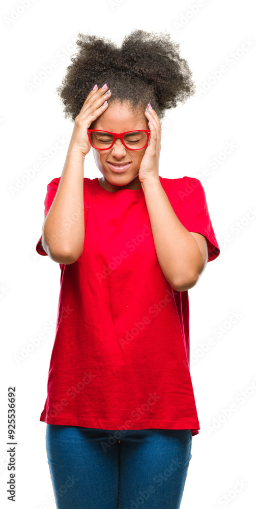 Young afro american woman wearing glasses over isolated background suffering from headache desperate and stressed because pain and migraine. Hands on head. Young afro american woman wearing glasses over isolated background suffering from headache desperate and stressed because pain and migraine. Hands on head.