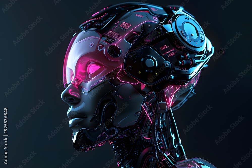 Side view of a humanoid head with blue and yellow eyes and vibrant neon neural network, representing futuristic technology and artificial intelligence Side view of a humanoid head with blue and yellow eyes and vibrant neon neural network, representing futuristic technology and artificial intelligence