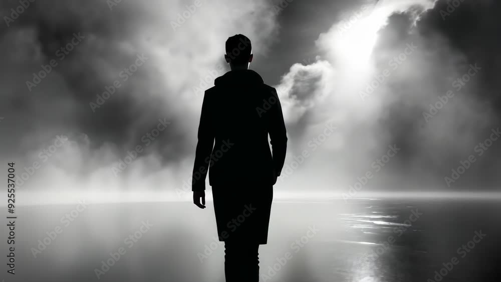 A lone person stands in a fog-blanketed terrain, captivated by the ethereal atmosphere illuminated by a distant light A lone person stands in a fog-blanketed terrain, captivated by the ethereal atmosphere illuminated by a distant light
