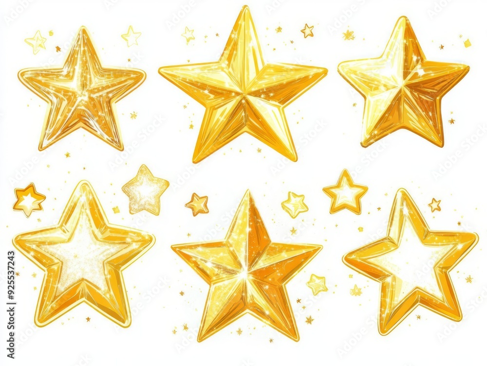 A set of sparkling comicstyle stars, various shapes and sizes, bold and dynamic, bright yellow and white, isolated on white background A set of sparkling comicstyle stars, various shapes and sizes, bold and dynamic, bright yellow and white, isolated on white background