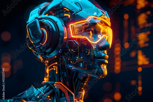 Side view of a humanoid head with blue and yellow eyes and vibrant neon neural network, representing futuristic technology and artificial intelligence photo