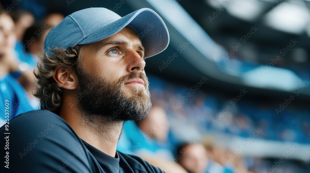A man is seated in a stadium, wearing a blue baseball cap and dark clothing, attentively watching a sports event surrounded by a blurred crowd and stadium backdrop. A man is seated in a stadium, wearing a blue baseball cap and dark clothing, attentively watching a sports event surrounded by a blurred crowd and stadium backdrop.