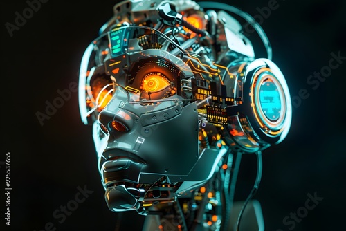 Side view of a humanoid head with blue and yellow eyes and vibrant neon neural network, representing futuristic technology and artificial intelligence photo