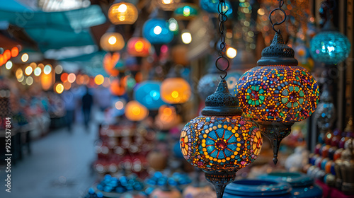 A collection of bright, colorful lamps hanging from a street market, creating a festive and inviting ambiance for shoppers.