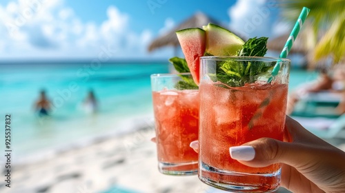 A pair of vibrant cocktails garnished with mint leaves and watermelon is held before a pristine beach and blue sea, showcasing the joy and relaxation of a tropical vacation. photo