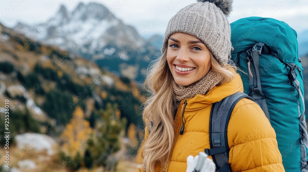 A lady, dressed warmly in a yellow jacket and knit hat, showcases a bright smile against the stunning backdrop of snowy mountains, excited for her hiking adventure. A lady, dressed warmly in a yellow jacket and knit hat, showcases a bright smile against the stunning backdrop of snowy mountains, excited for her hiking adventure.