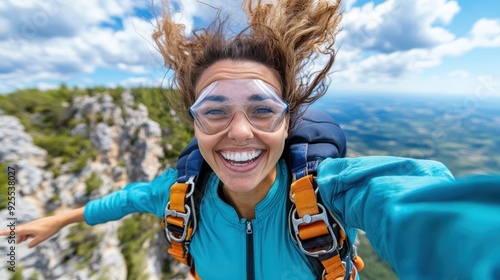 A delighted young woman, with her hair flying and a big smile, takes a selfie while skydiving, capturing the stunning expanse of the landscape beneath her, full of excitement. photo