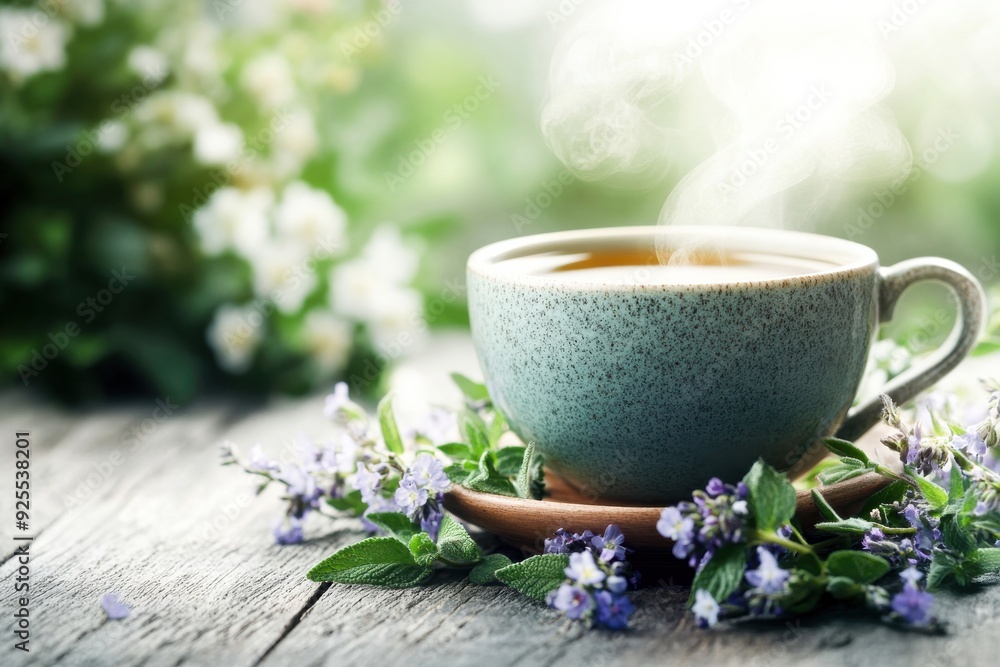 A steaming cup of herbal tea rests on a wooden surface, adorned with fresh flowers and greenery, evoking a sense of calm and natural beauty A steaming cup of herbal tea rests on a wooden surface, adorned with fresh flowers and greenery, evoking a sense of calm and natural beauty