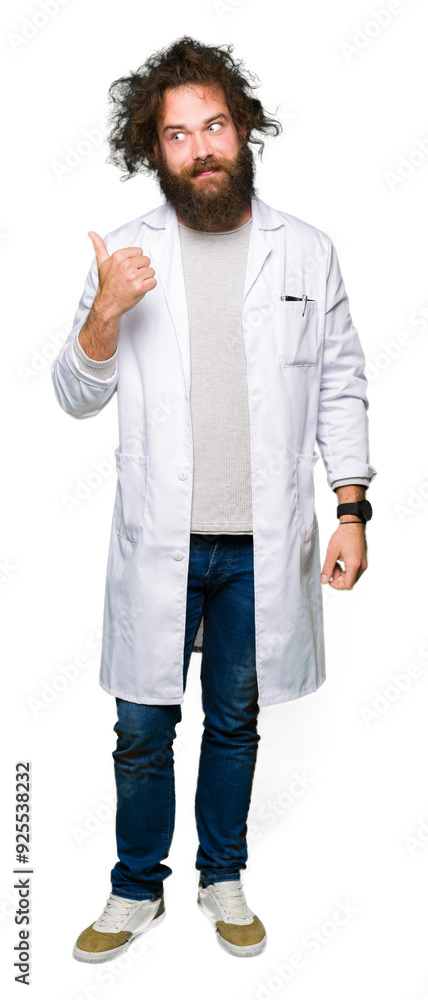 Crazy scientist with funny long hair smiling with happy face looking and pointing to the side with thumb up.