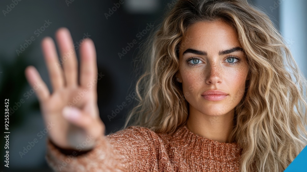 A serious woman indoors with an open hand signaling a stop gesture. Her expression and gesture underscore a clear message of boundary-setting and determination. A serious woman indoors with an open hand signaling a stop gesture. Her expression and gesture underscore a clear message of boundary-setting and determination.
