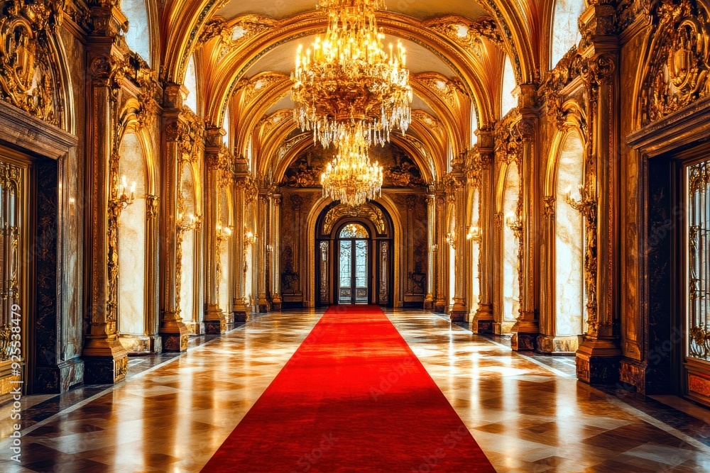 Gorgeous chandeliers cascade light over a luxurious hallway adorned with a vibrant red carpet, embodying elegance and grandeur Gorgeous chandeliers cascade light over a luxurious hallway adorned with a vibrant red carpet, embodying elegance and grandeur