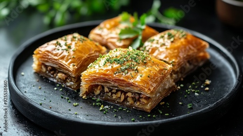 Baklava in the shape of a triangle, served on a black plate, adorned with pistachios and filled with walnuts. Turkish customs Turkish food