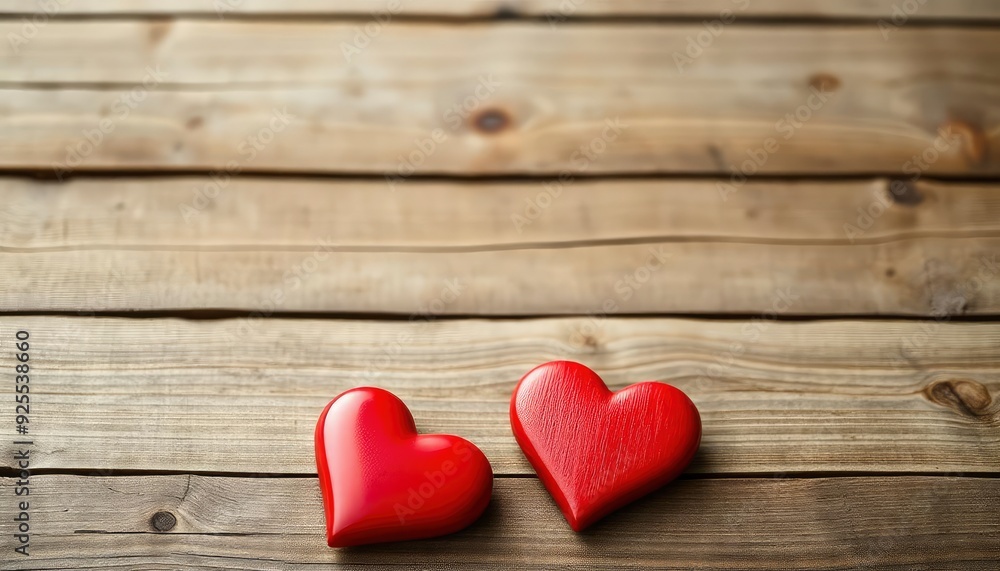 Valentines day background with two red hearts on wooden background, ai Valentines day background with two red hearts on wooden background, ai