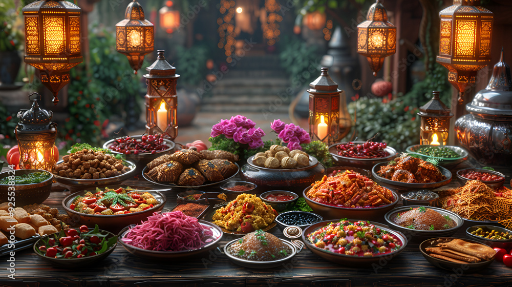 A beautifully arranged table adorned with an array of delicious food and flickering candles, creating a warm ambiance. A beautifully arranged table adorned with an array of delicious food and flickering candles, creating a warm ambiance.
