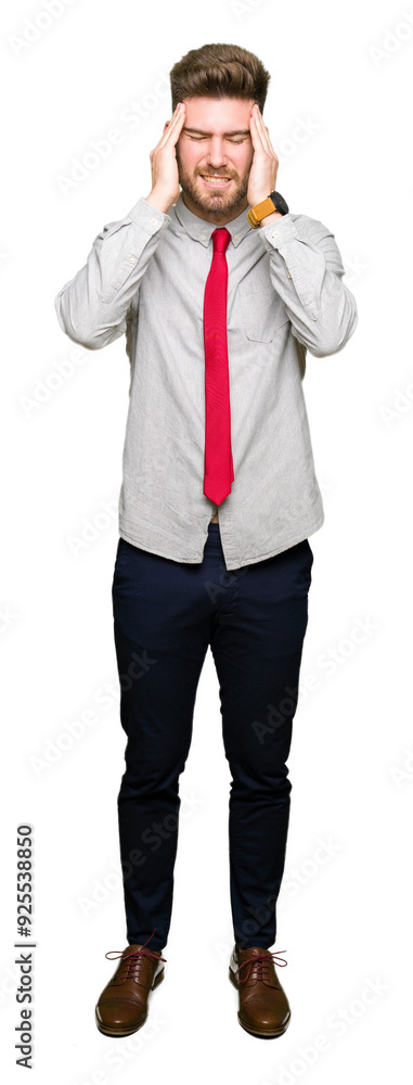 Young handsome business man with hand on head for pain in head because stress. Suffering migraine. Young handsome business man with hand on head for pain in head because stress. Suffering migraine.