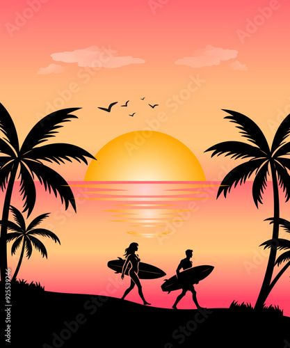 Silhouettes of a couple man and woman walking to surfboarding on waves and enjoying the outdoor activity together
