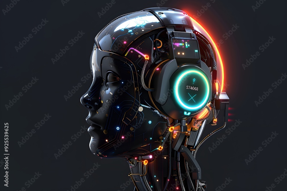Side view of a humanoid head with blue and yellow eyes and vibrant neon neural network, representing futuristic technology and artificial intelligence Side view of a humanoid head with blue and yellow eyes and vibrant neon neural network, representing futuristic technology and artificial intelligence