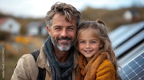  Father with girl on roof with solar panels, hugging. Rooftop solar or photovoltaic system. Sustainable future for next generation. 