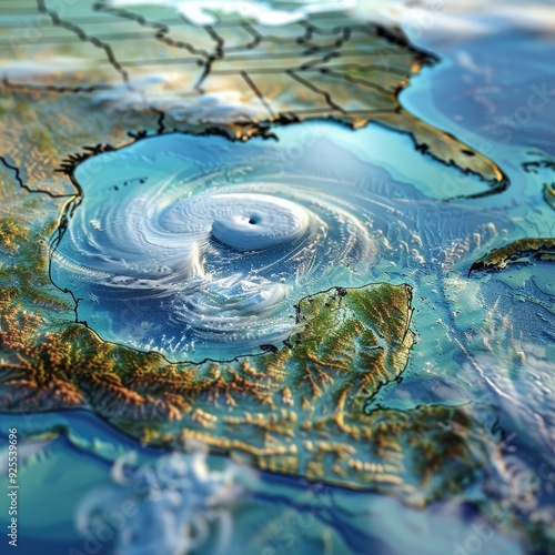 3D Render of the clouds of Hurricane Ida on Topographic map. Generative ai