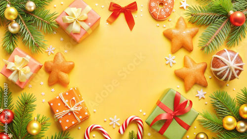 Christmas greeting card. Festive decoration on yellow background. New Year concept. Copy space. Flat lay. Top view.