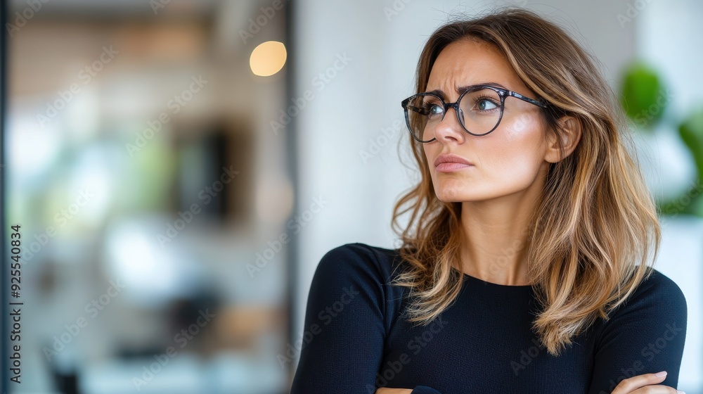 A serious woman with wavy hair and glasses, wearing a black top, in a thoughtful pose with arms crossed, possibly contemplating or evaluating an important decision. A serious woman with wavy hair and glasses, wearing a black top, in a thoughtful pose with arms crossed, possibly contemplating or evaluating an important decision.