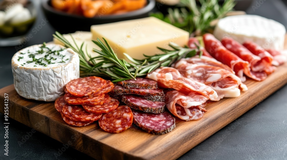 A wooden platter is artfully arranged with a variety of cured meats, cheeses, and garnishes, representing a delicious and visually appealing charcuterie board. A wooden platter is artfully arranged with a variety of cured meats, cheeses, and garnishes, representing a delicious and visually appealing charcuterie board.