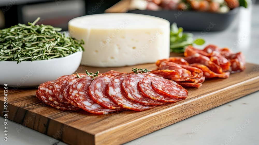 A visually enticing arrangement of sliced cured salami and a block of cheese on a wooden board, illustrating a rustic yet gourmet snack setup for culinary enjoyment. A visually enticing arrangement of sliced cured salami and a block of cheese on a wooden board, illustrating a rustic yet gourmet snack setup for culinary enjoyment.