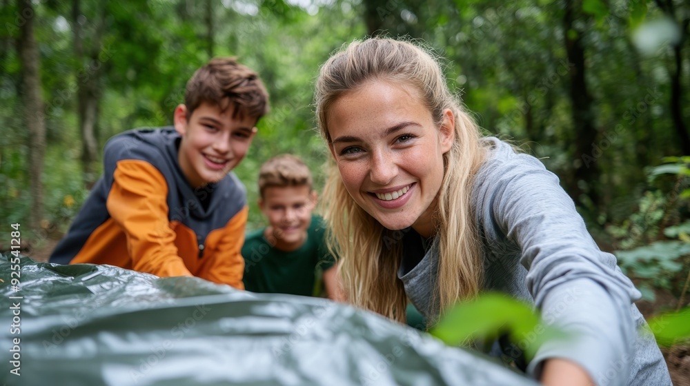 A smiling girl helps set up camp with friends in a forest, enjoying an adventurous outdoor experience, surrounded by greenery and natural beauty, conveying excitement. A smiling girl helps set up camp with friends in a forest, enjoying an adventurous outdoor experience, surrounded by greenery and natural beauty, conveying excitement.