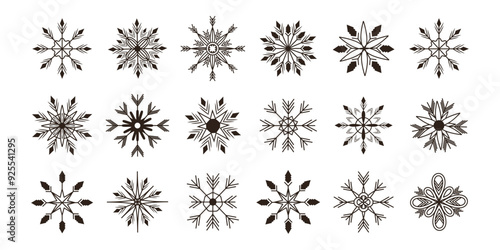 Set and collection snowflakes in line art style. One Line. New Year and holiday. Stroke. Vector illustration. Xmas. Sparks and glows. Shape, elements. Ornament and pattern. Template. Isolated. Glitter