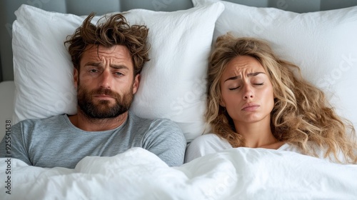 A couple lies in bed with tired and weary expressions, conveying exhaustion and the need for rest, set in a comfortable bedroom environment with white pillows and sheets.