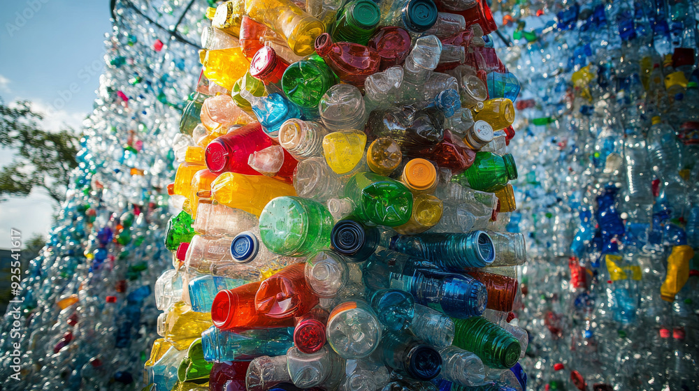 Plastic bottles can be crushed and stacked to form a tower. This helps recycle plastic. Plastic bottles can be crushed and stacked to form a tower. This helps recycle plastic.