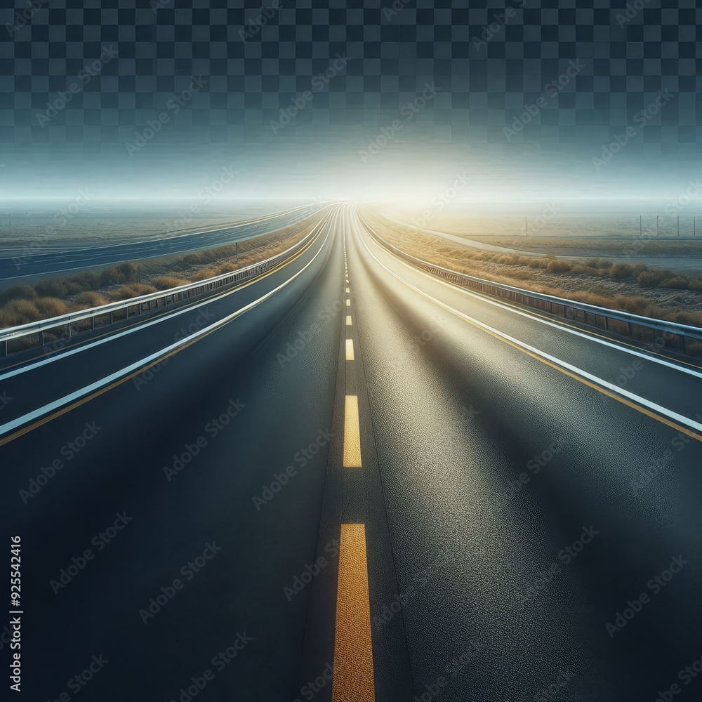 Obraz premium Long asphalt road with an arrow going into the horizon, transparent background, detailed cinematic style 