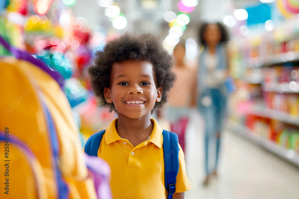 A cheerful young boy stands in a toy aisle, smiling as he shops with his family, surrounded by colorful displays of toys and goods A cheerful young boy stands in a toy aisle, smiling as he shops with his family, surrounded by colorful displays of toys and goods