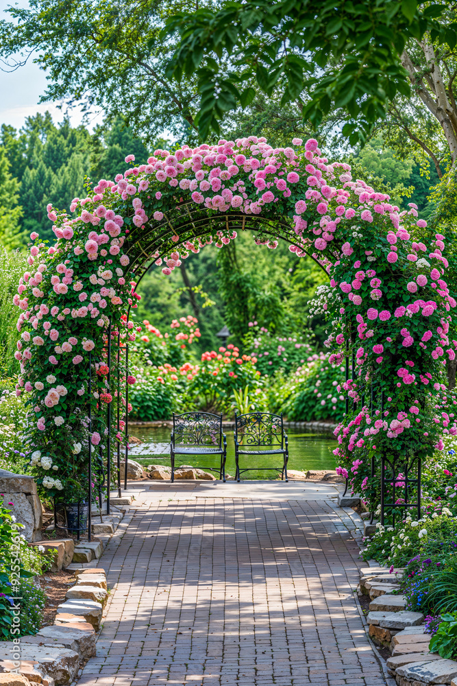 Garden arbor covered with pink flowers, stone paver pathway leading to ...