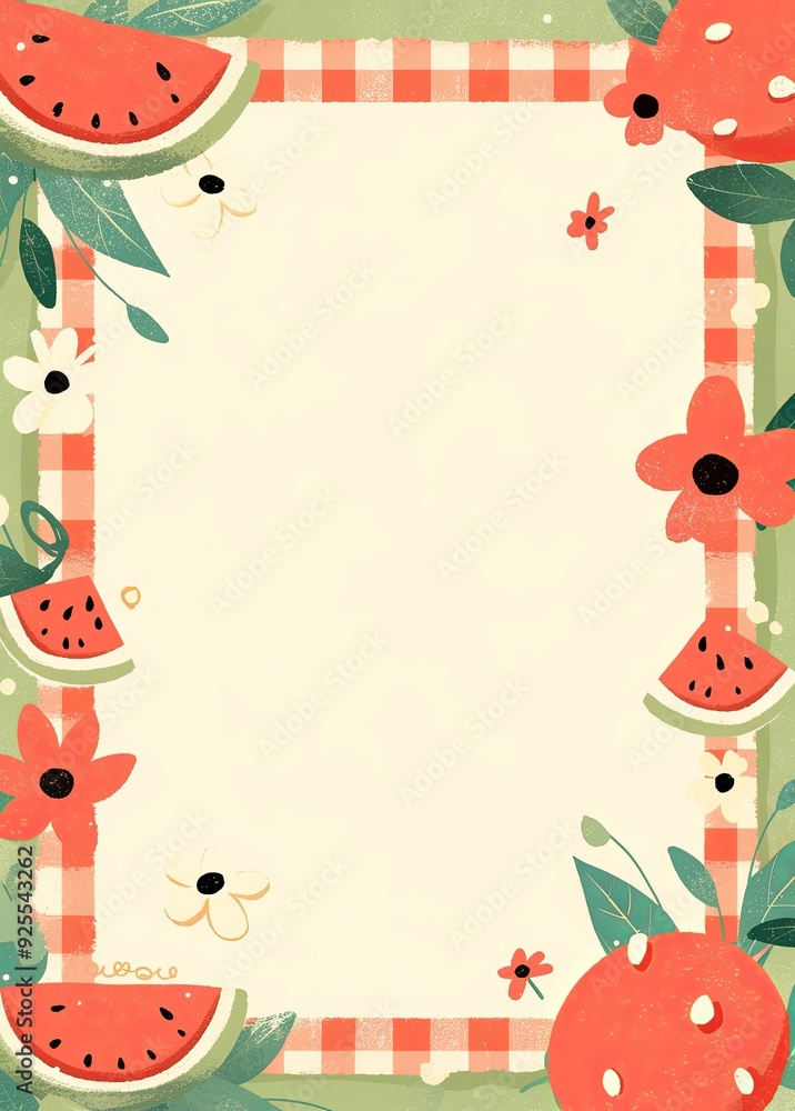 Cute Cartoon Frame Border Vector with Watermelon, Floral, and Checkered Background in Flat Style on Pastel Green, Ideal for Summer Advertising, Banners, or Posters Cute Cartoon Frame Border Vector with Watermelon, Floral, and Checkered Background in Flat Style on Pastel Green, Ideal for Summer Advertising, Banners, or Posters