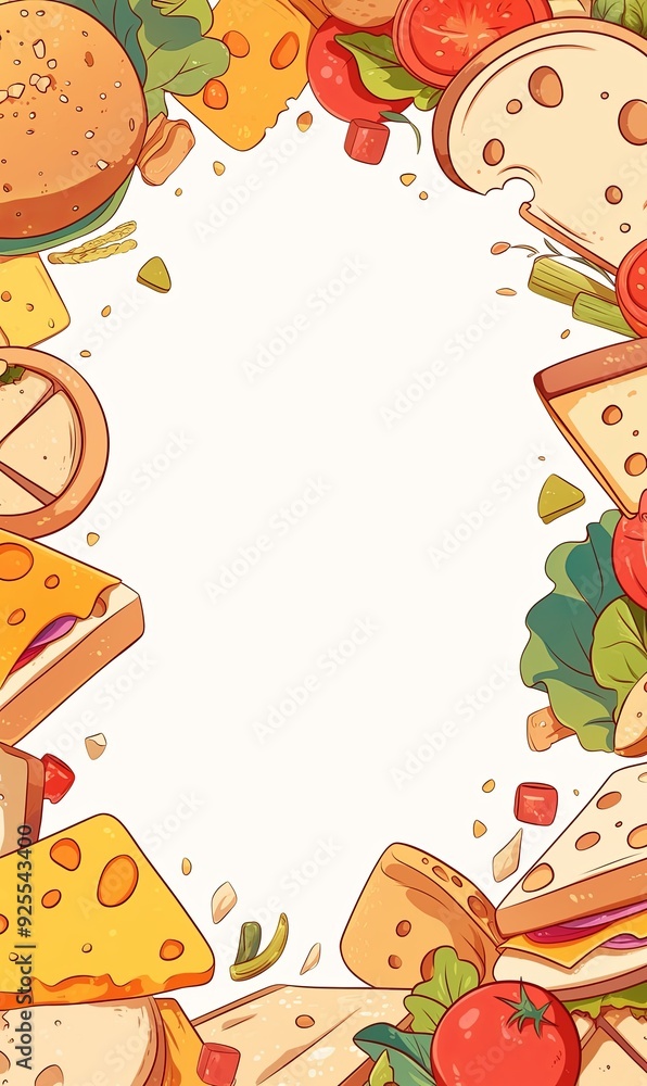 Obraz premium Cute Cartoon Frame with Cheese, Bread, and Snacks on a Transparent Background, Featuring Colorful Design with Blank White Space in the Middle