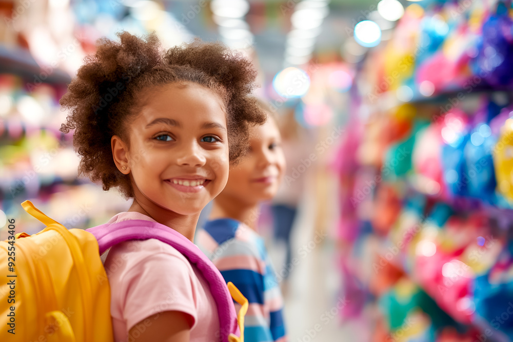 Two kids smile while exploring a vibrant store filled with colorful supplies and decorations, sharing a joyful moment together Two kids smile while exploring a vibrant store filled with colorful supplies and decorations, sharing a joyful moment together
