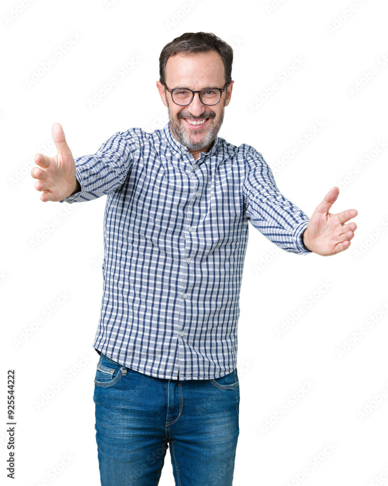 Handsome middle age elegant senior business man wearing glasses over isolated background looking at the camera smiling with open arms for hug. Cheerful expression embracing happiness. Handsome middle age elegant senior business man wearing glasses over isolated background looking at the camera smiling with open arms for hug. Cheerful expression embracing happiness.