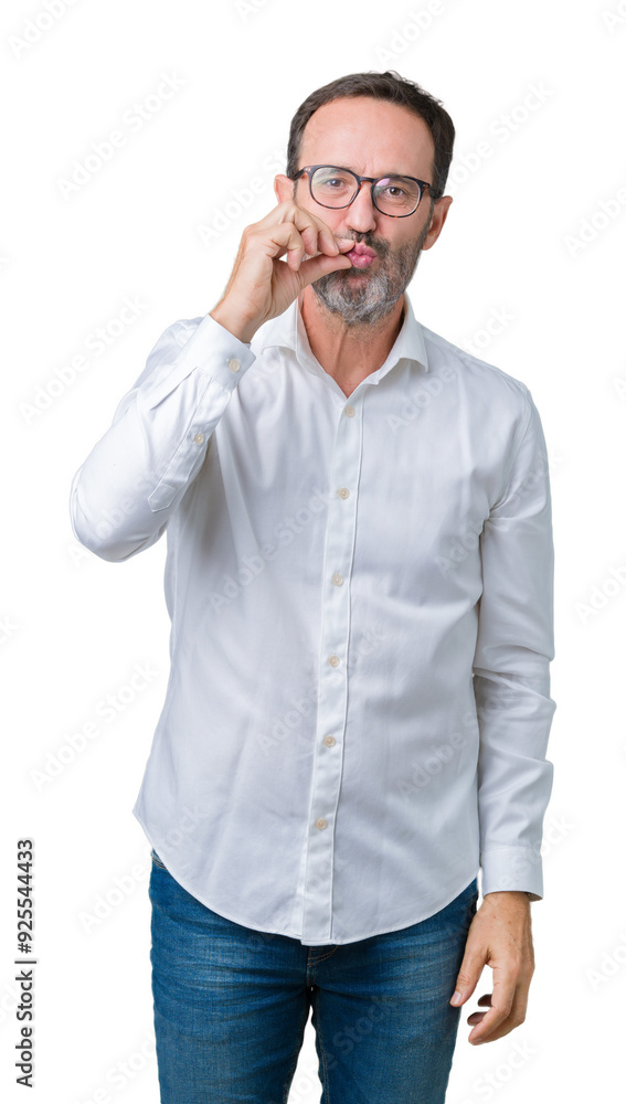 Handsome middle age elegant senior business man wearing glasses over isolated background mouth and lips shut as zip with fingers. Secret and silent, taboo talking Handsome middle age elegant senior business man wearing glasses over isolated background mouth and lips shut as zip with fingers. Secret and silent, taboo talking
