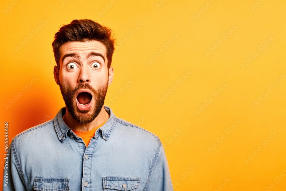 A man with a beard shows a look of surprise against a vivid yellow background, capturing the essence of shock and humor in his expression A man with a beard shows a look of surprise against a vivid yellow background, capturing the essence of shock and humor in his expression